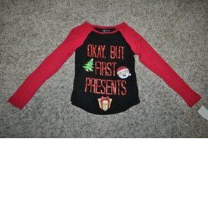 *Christmas Shirt sz 7/8 "BUT PRESENTS FIRST" Long Sleeve Red Black Foiled Girls